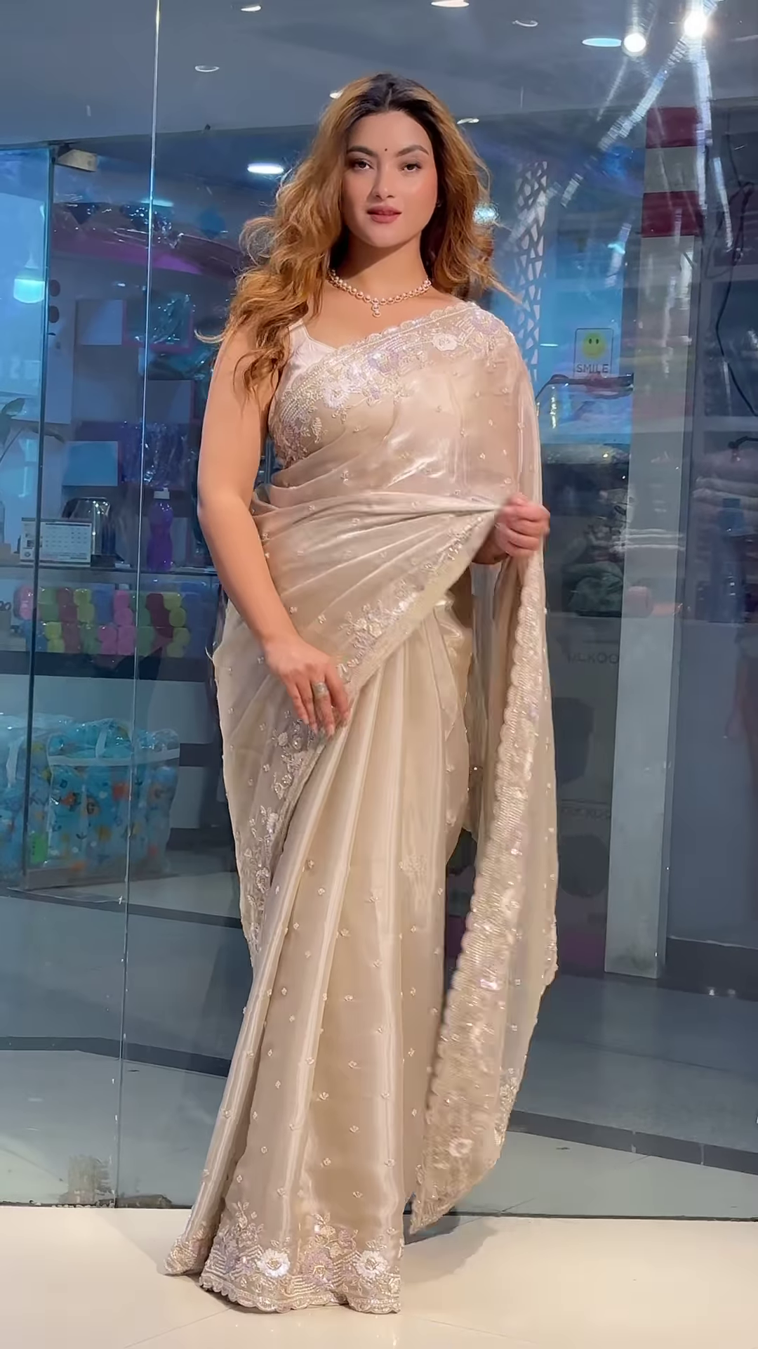 party modern embroidered with heavy border organza brown saree with unstitched blouse