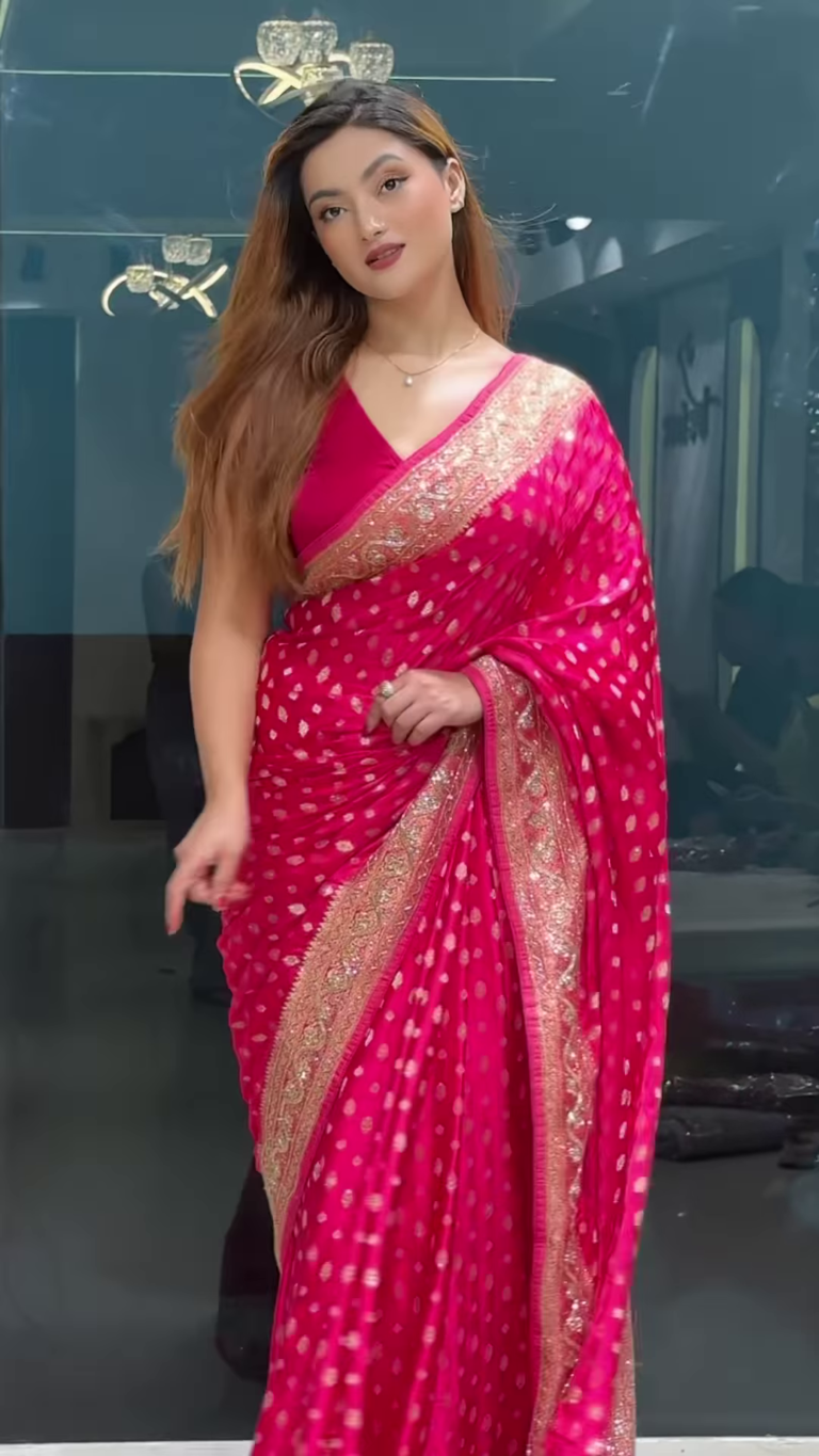 rani pink zari & sequins work raw silk saree