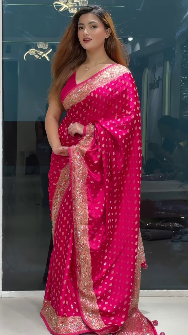 rani pink zari & sequins work raw silk saree