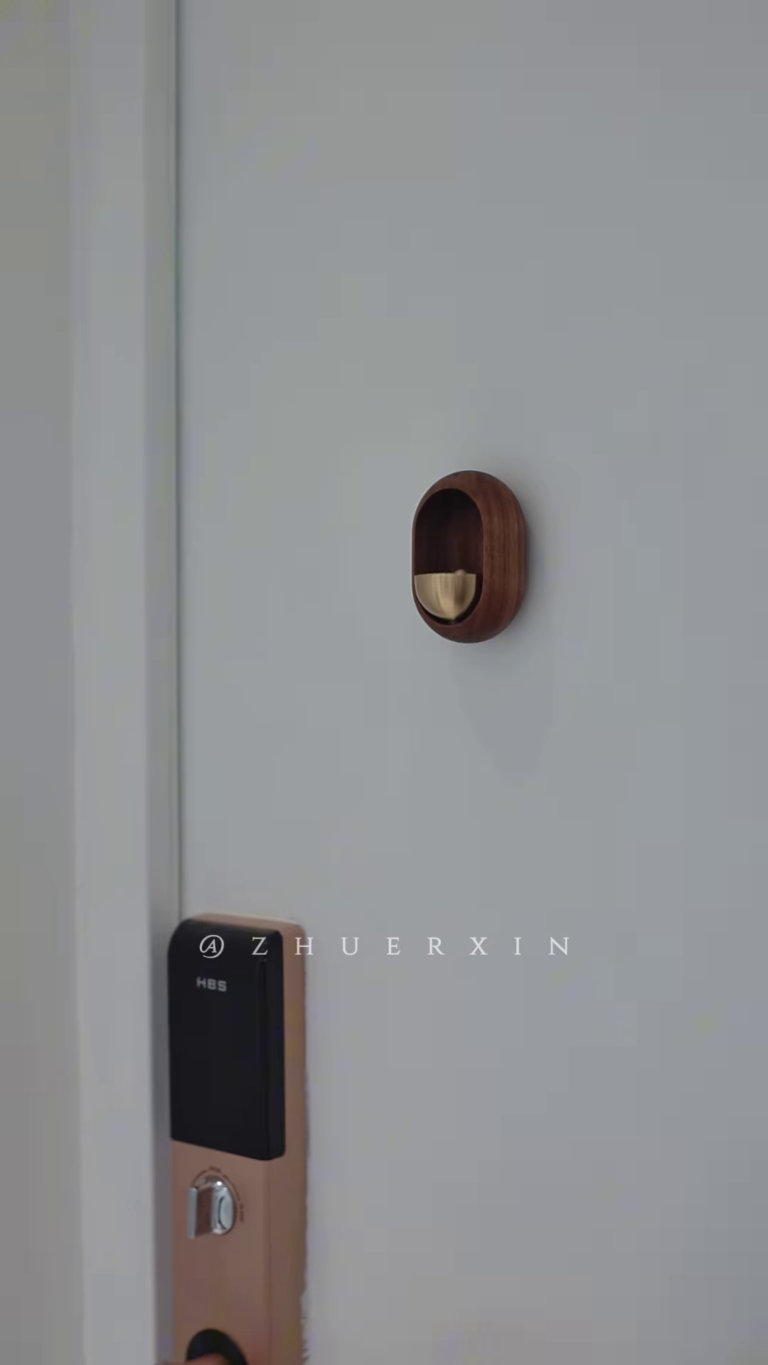 “handcrafted walnut meditation bell – minimalist wooden chime with brass striker for mindfulness practice”