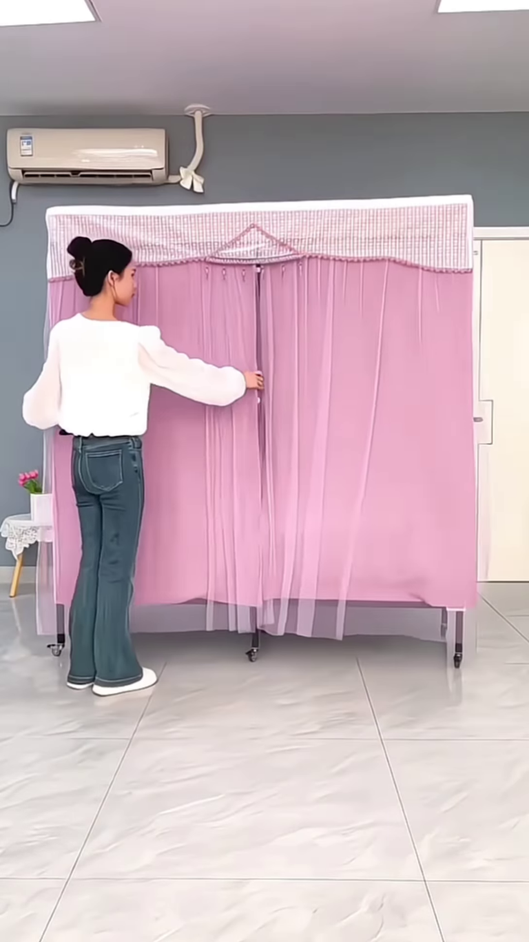 “portable fabric wardrobe organizer – lightweight rolling clothes storage with lavender curtains”