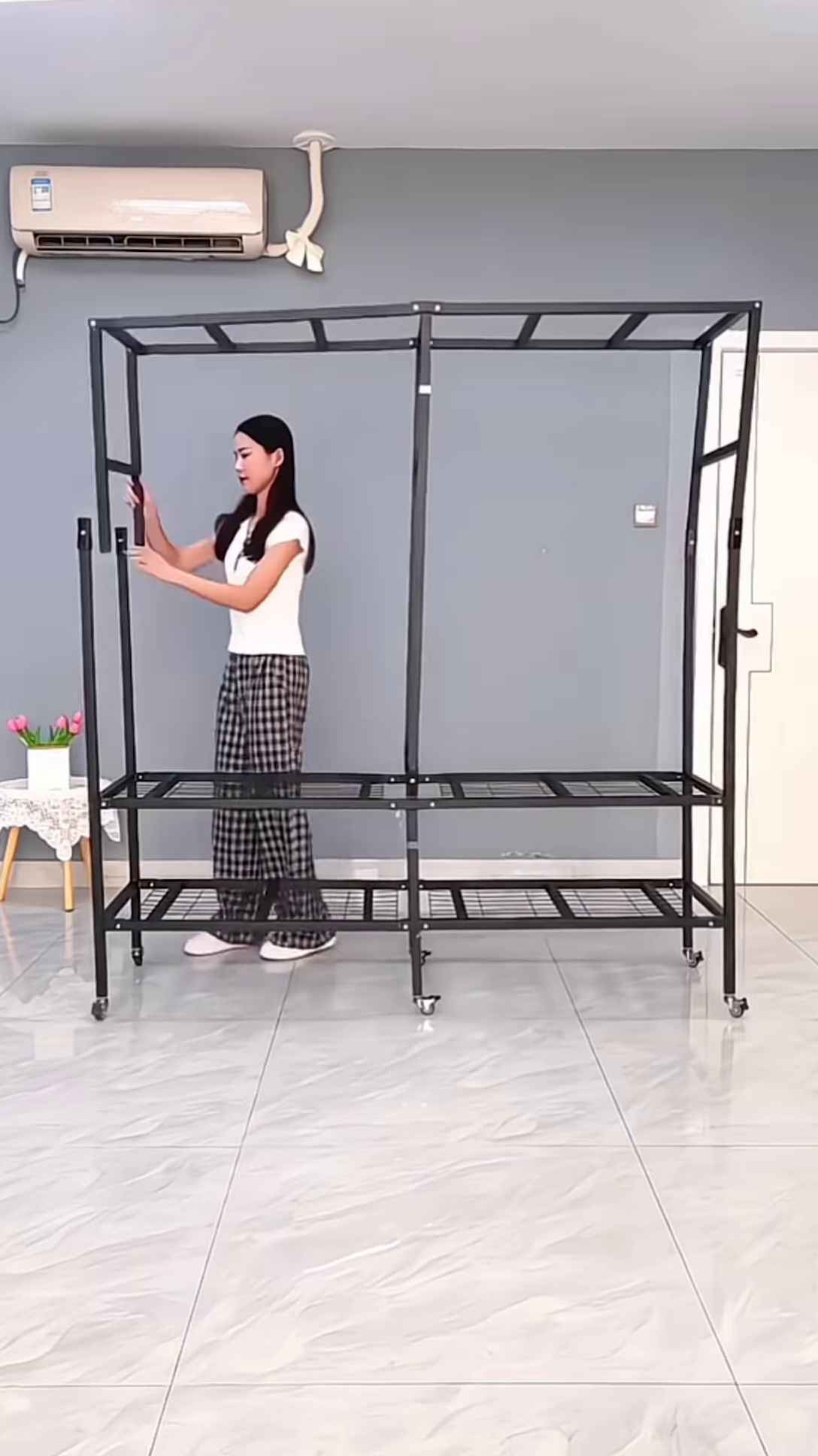 “portable fabric wardrobe organizer – lightweight rolling clothes storage with lavender curtains”