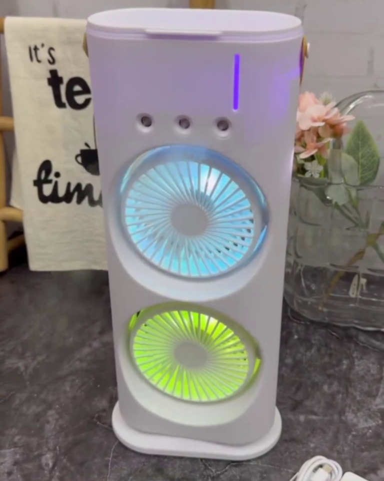 portable dual fan personal air conditioner with mist spray and led lights