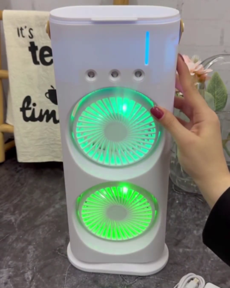 portable dual fan personal air conditioner with mist spray and led lights