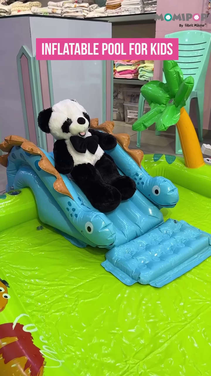 kids’ inflatable play pool with slide and fun animal graphics