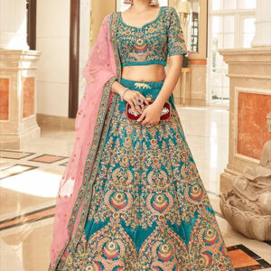 designer teal velvet lehenga front view.jpg