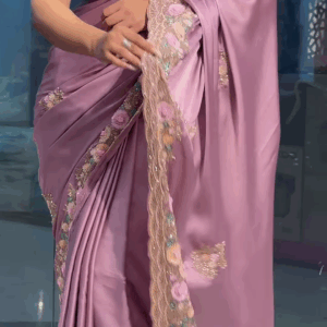 onion colour satin saree with heavy handwork